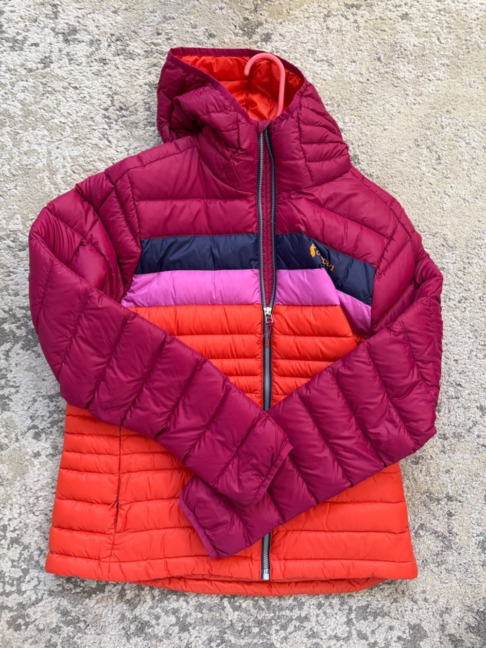 cotopaxi Women's Colorblock Puffer Jacket in Magenta, Orange & Navy